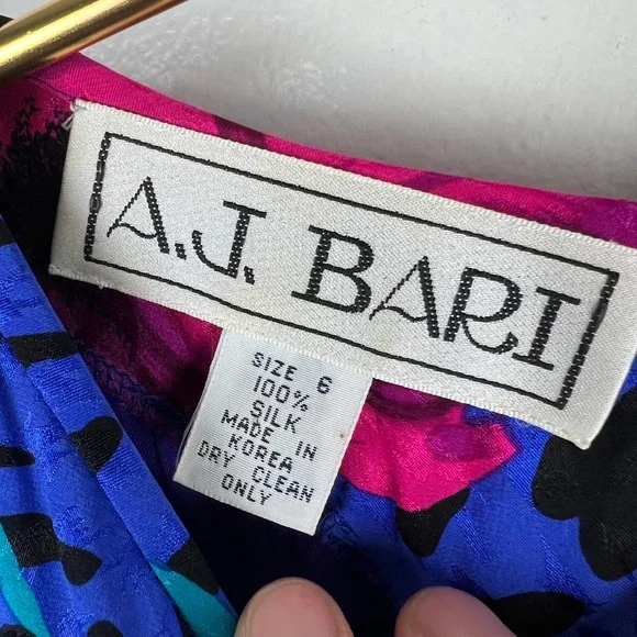 Vintage 80 A.J. Bari Blue Silk Party Dress Animal Print Floral Bow Designer Sz 6 - Picture 7 of 10
